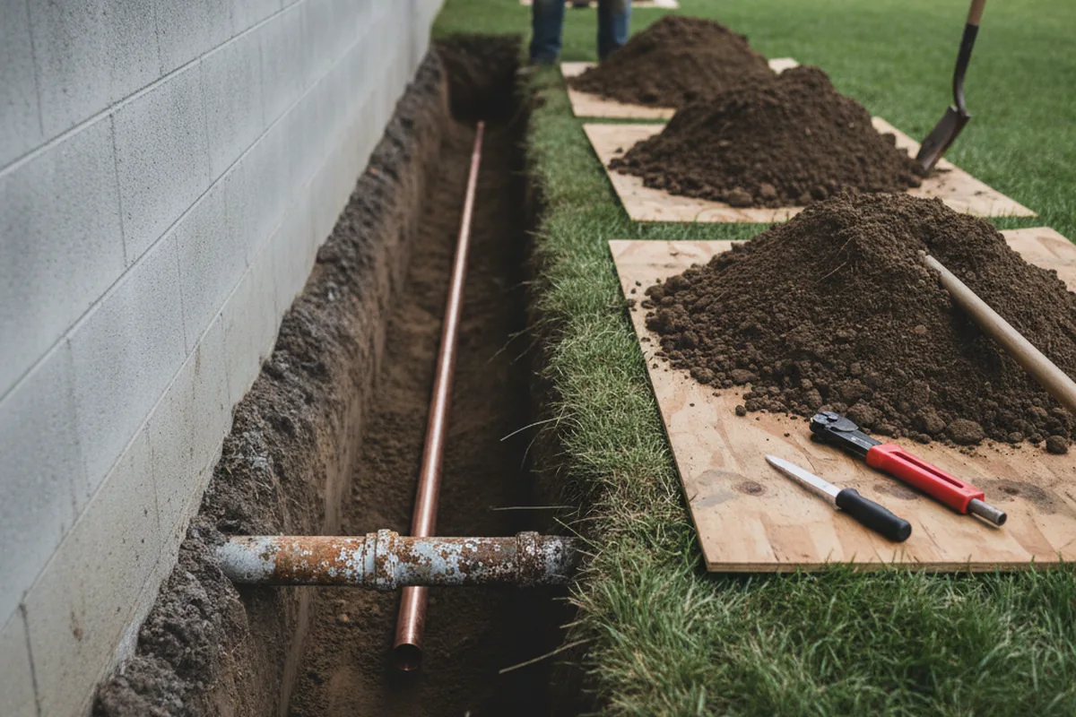 Excavated water line trench during Water Softener Installation in Northport